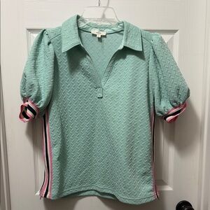 entro Mint Puff-Sleeve Polo with Pink & Navy Stripe Trim